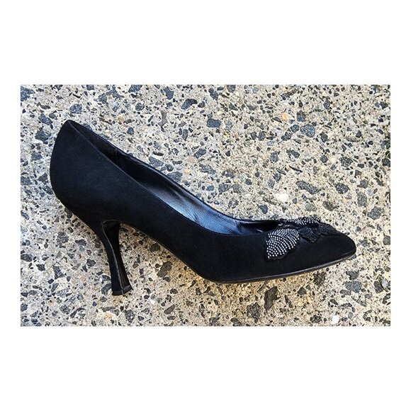 MOSCHINO Cheap And Chic Black Embellished Suede Pumps Heels - Picture 4 of 10